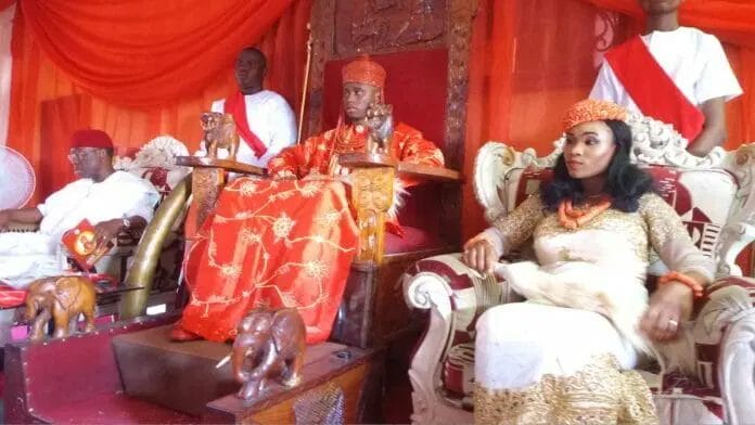 (Left) Governor of Delta State Ifeanyi Arthur Okowa (Middle) The barrister, His Royal Majesty, Peremobowei Shedrack Erebulu, Aduo III (Right) Queen Wife